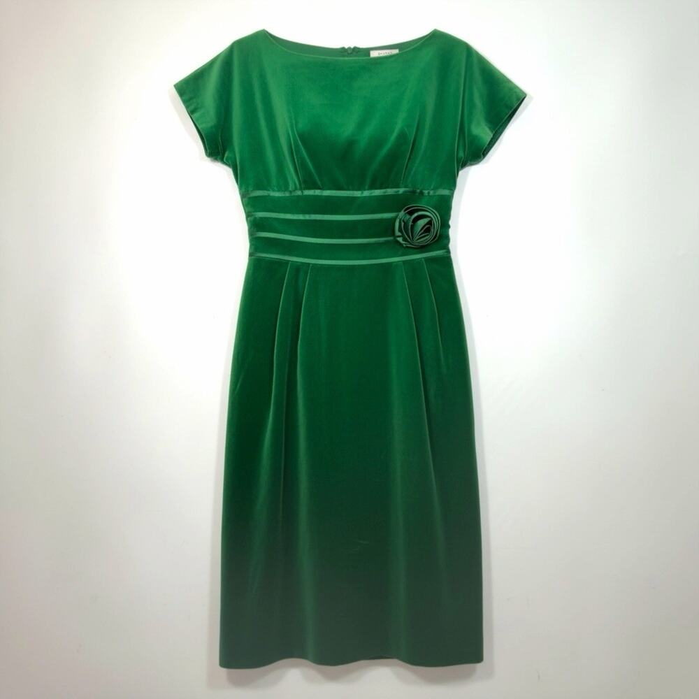 Vintage Perry Brooke Emerald Green Velvet Cocktail Dress Rosette Waist MED